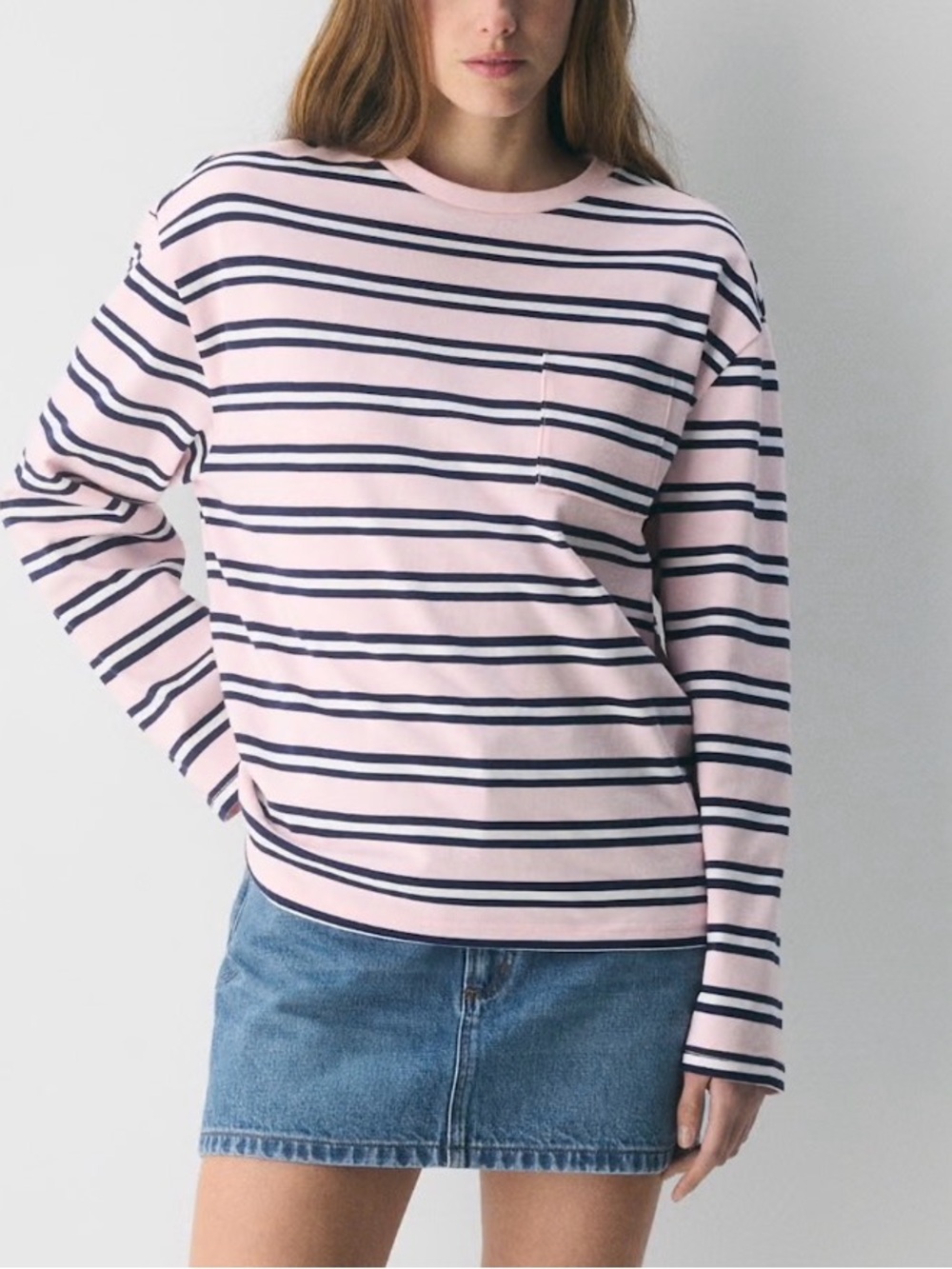 Aritzia Pink and Navy Striped Long-Sleeve Pocket Tee